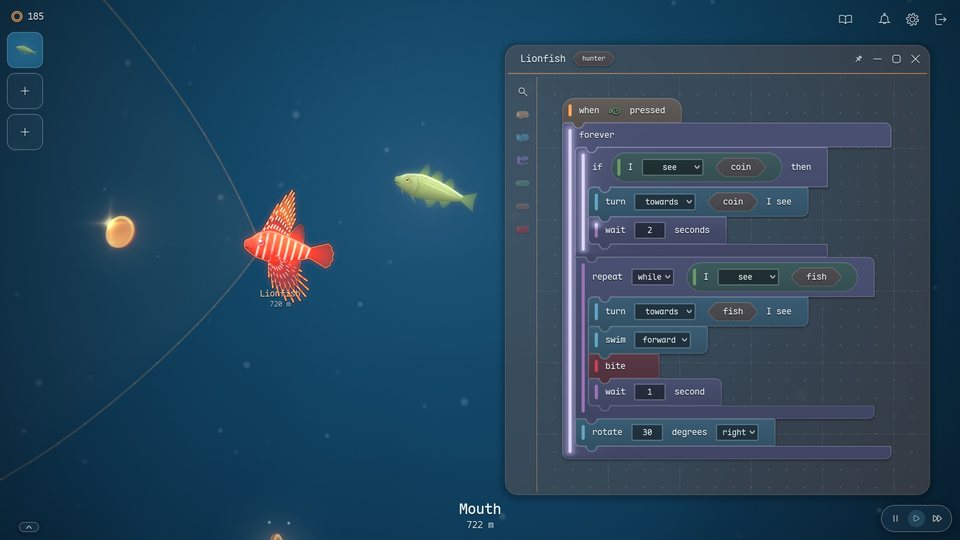 A lionfish’s own program open beside it while it stares at a coin