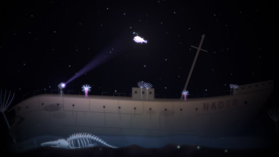 The Nadir on the sea floor, her searchlight turned onto a fish over her deck