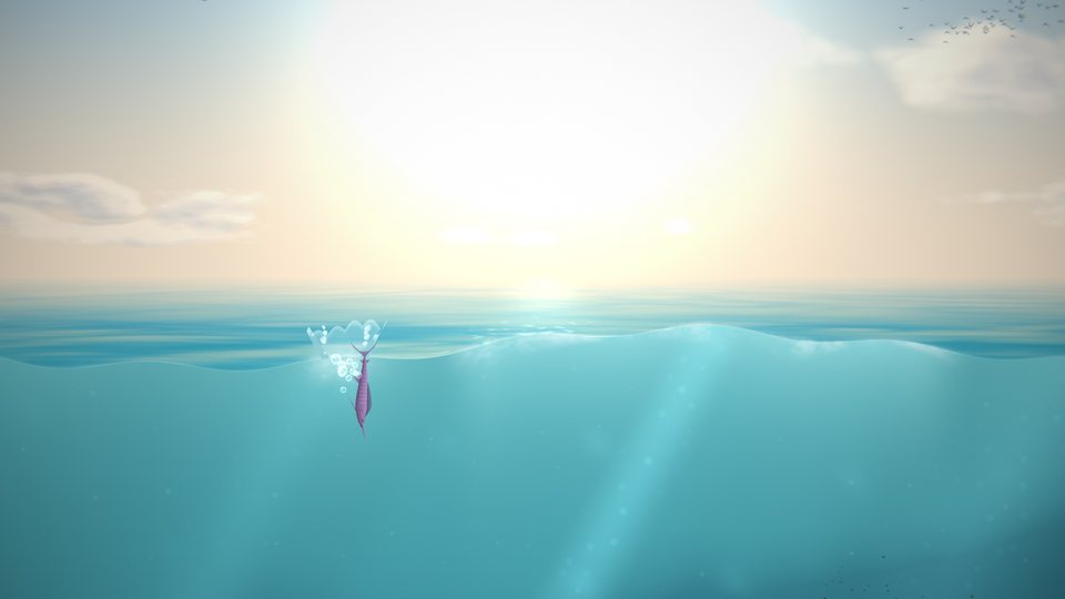 A fish dropped into the sea goes nose first through the swell