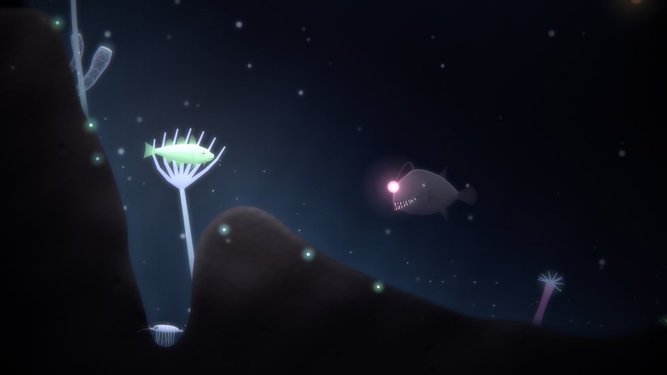 An anglerfish waiting in the dark with its lure lit