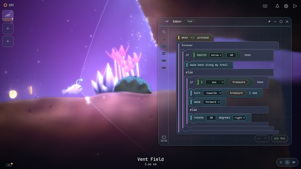 A fish stopped in a crystal’s violet light, its program open to be changed