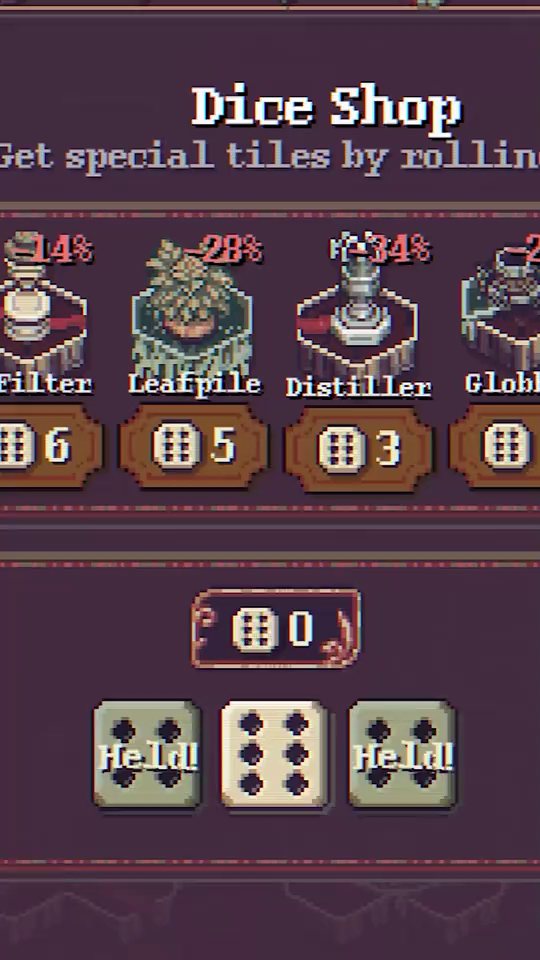 The dice shop, with three dice rolled for new tiles
