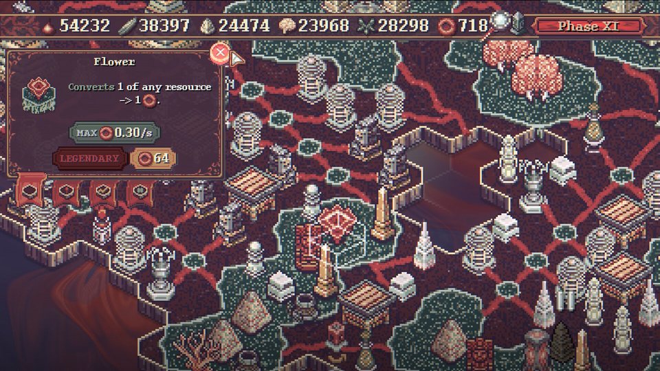 A dense late-game map with a legendary tile selected